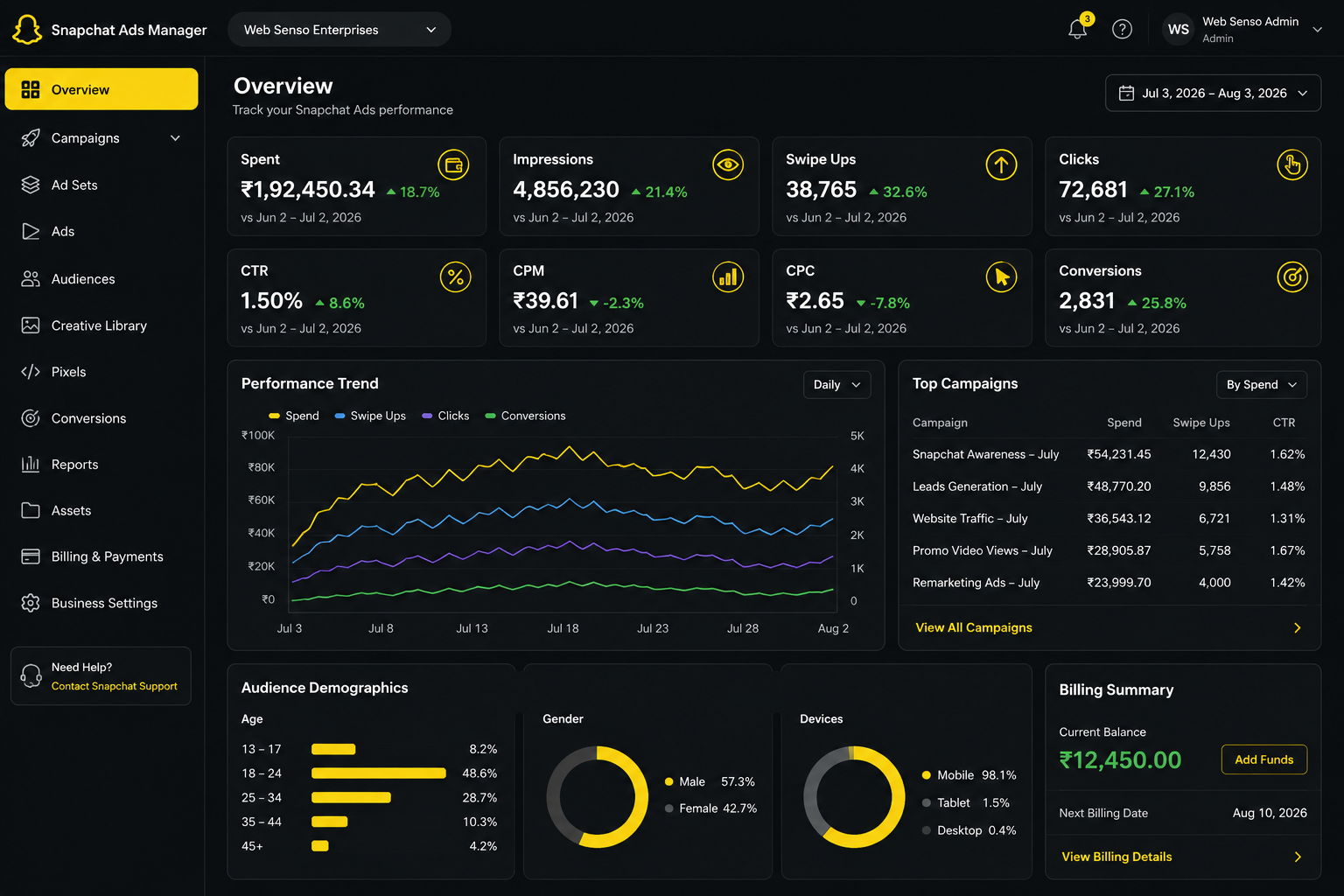 Web Senso Snapchat Ads dashboard